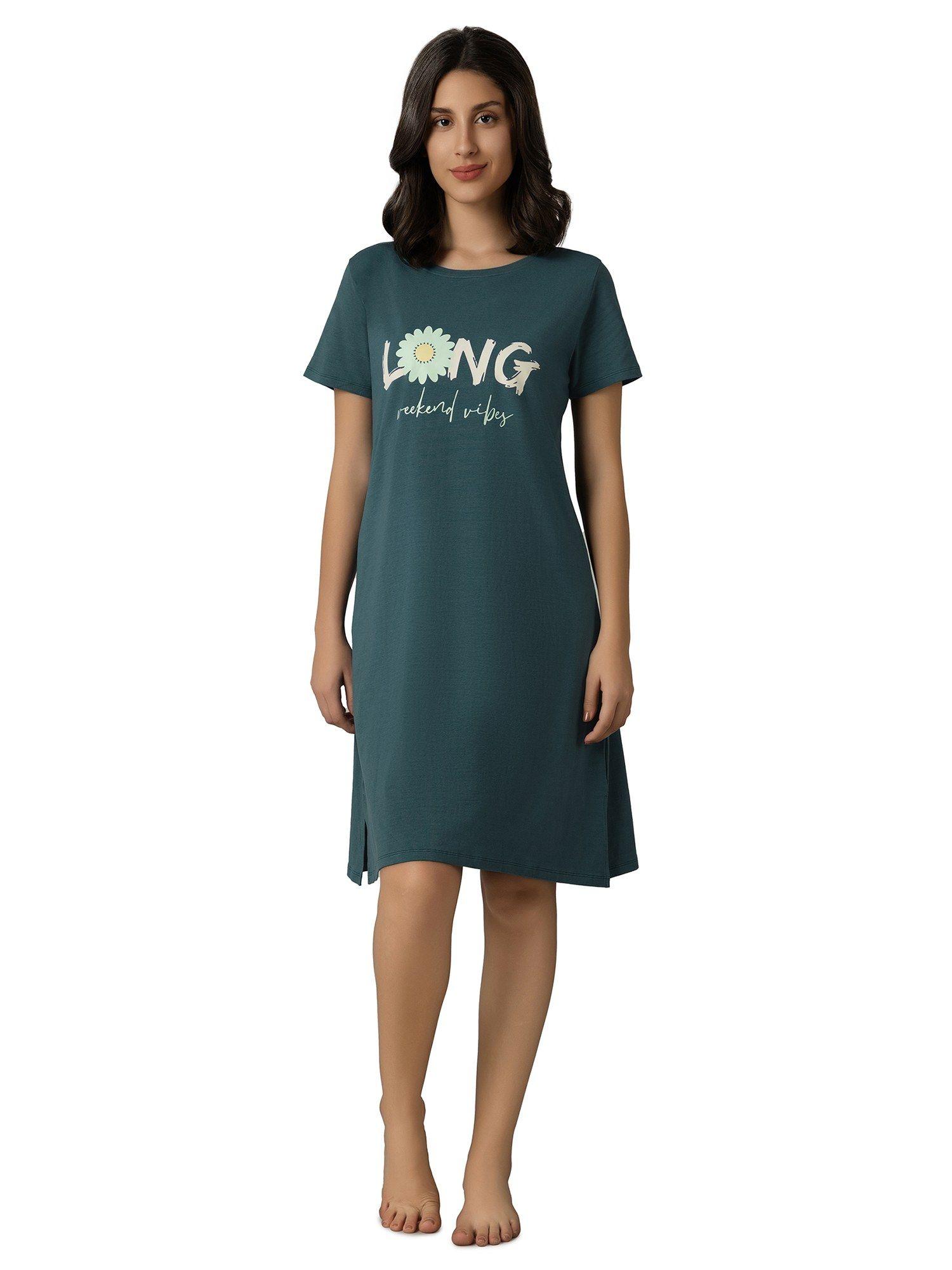 women knit cotton printed teal night dress