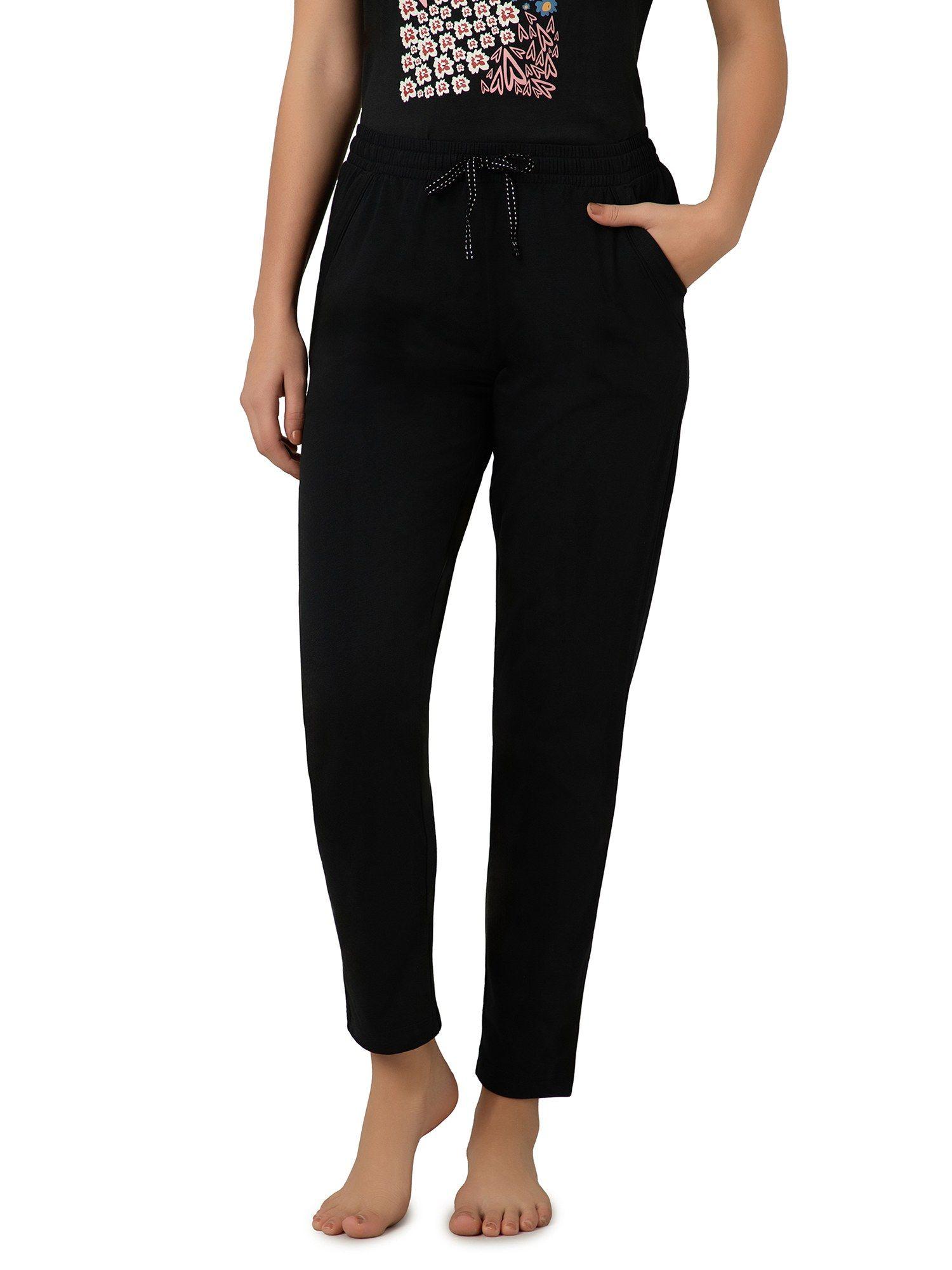 women knit cotton solid black pyjama