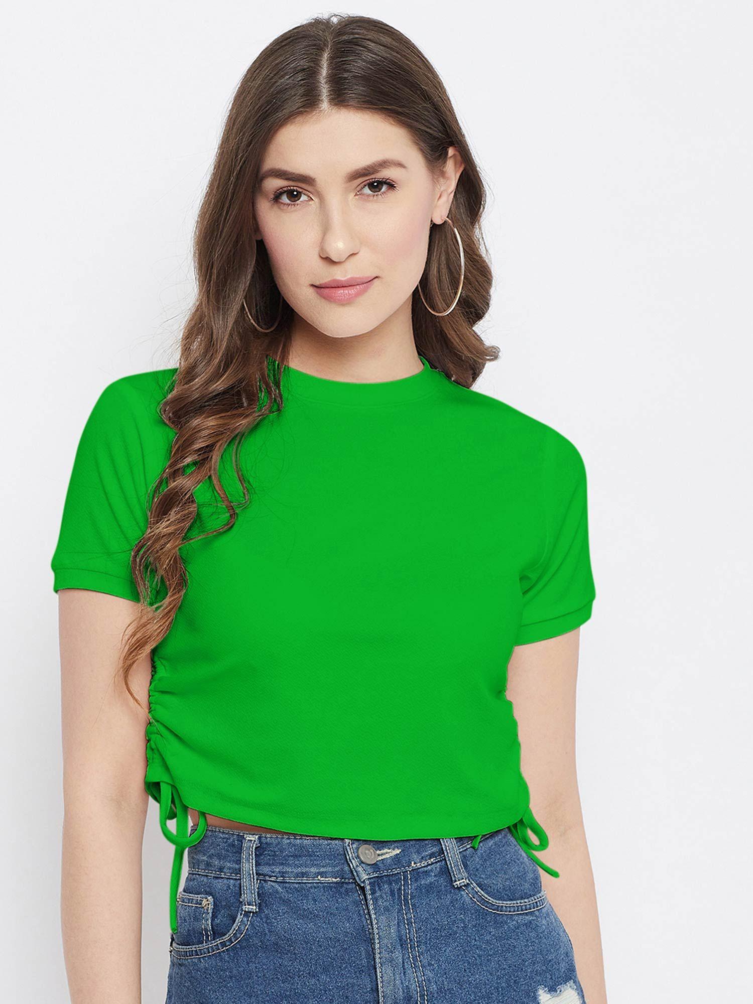 women knit solid tie up crop top - green