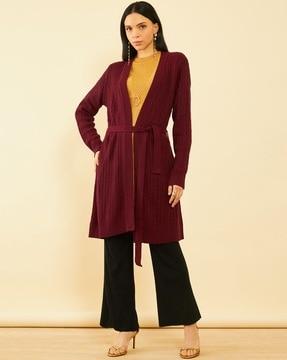 women knitted front-open shrug with belt