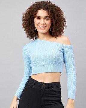 women knitted one-shoulder fitted crop top