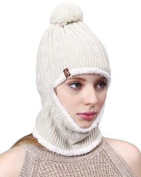 women knitted pom pom balaclava fur cap