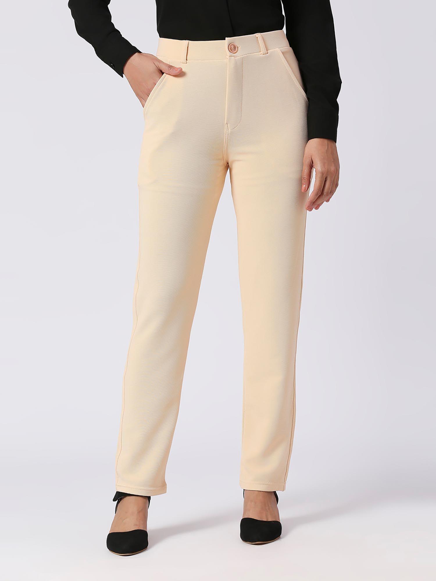 women knitted solid cream high waist formal trouser