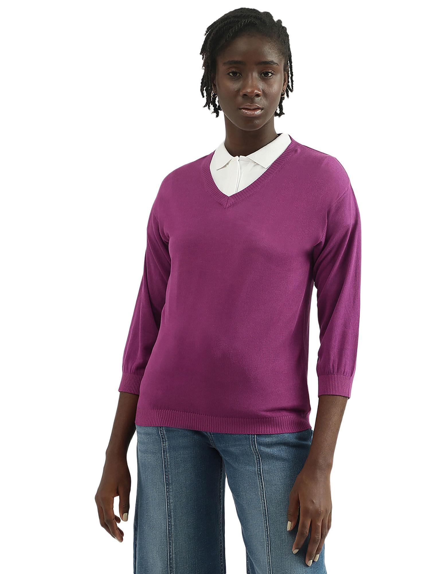 women knitted v-neck purple sweater