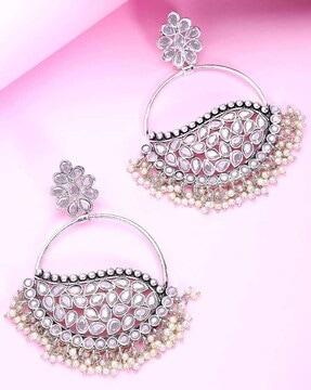 women kundan-studded oxidised silver chandbali earrings