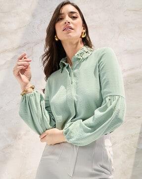 women lace collar placket detail solid relaxed fit shirt