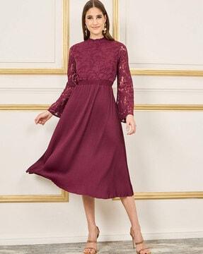 women lace detail pleated hem a-line midi dress