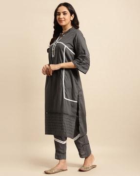 women lace embroidered straight kurta & pants set