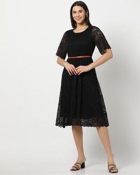 women lace fit & flare dress with belt
