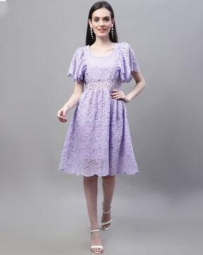 women lace fit & flare dress with puff sleeves