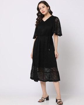 women lace fit & flare dress with waist tie-up