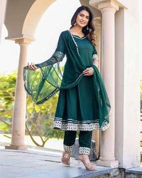 women lace flared kurta suit set