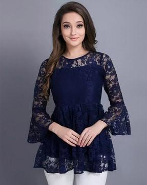 women lace regular fit lace tunic with round neck