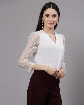 women lace regular fit v-neck top