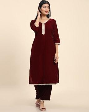 women lace straight kurta with pants