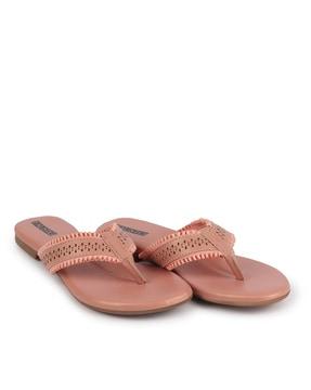 women laser cut design t-strap thong slip on flat sandals