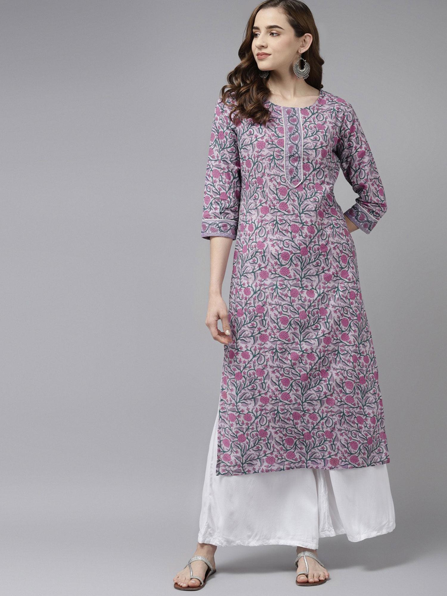 women lavender and green pure cotton floral print kurta