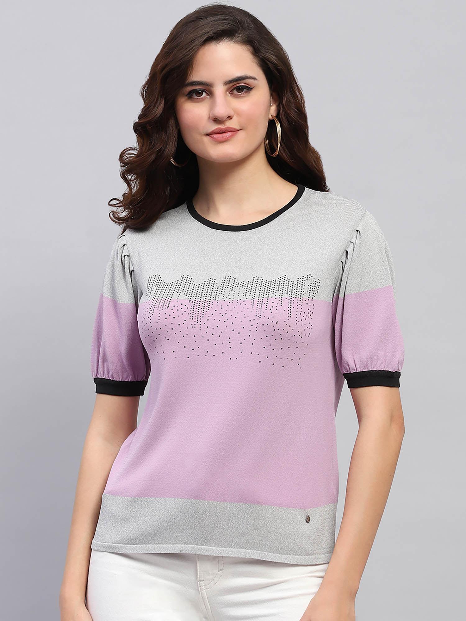 women lavender colorblock half sleeves round neck top