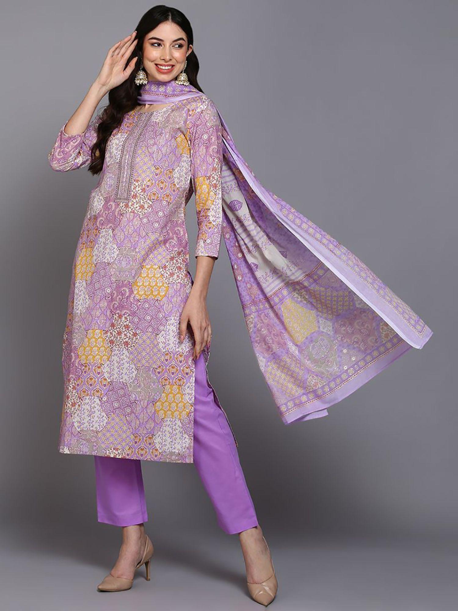 women lavender cotton ethnic motifs printed straight kurta pant with dupatta (set of 3)