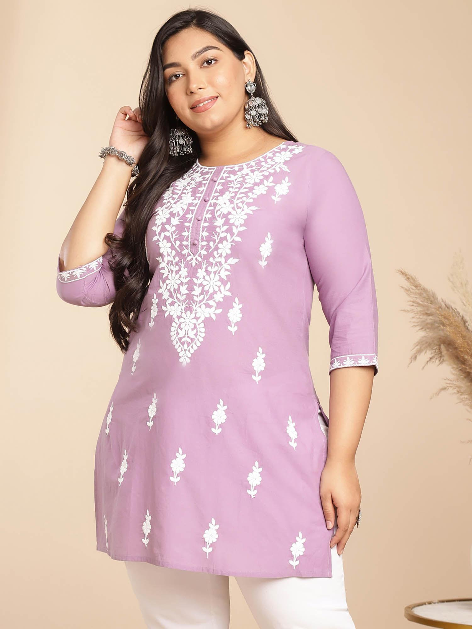 women lavender cotton thread work embroidered kurti