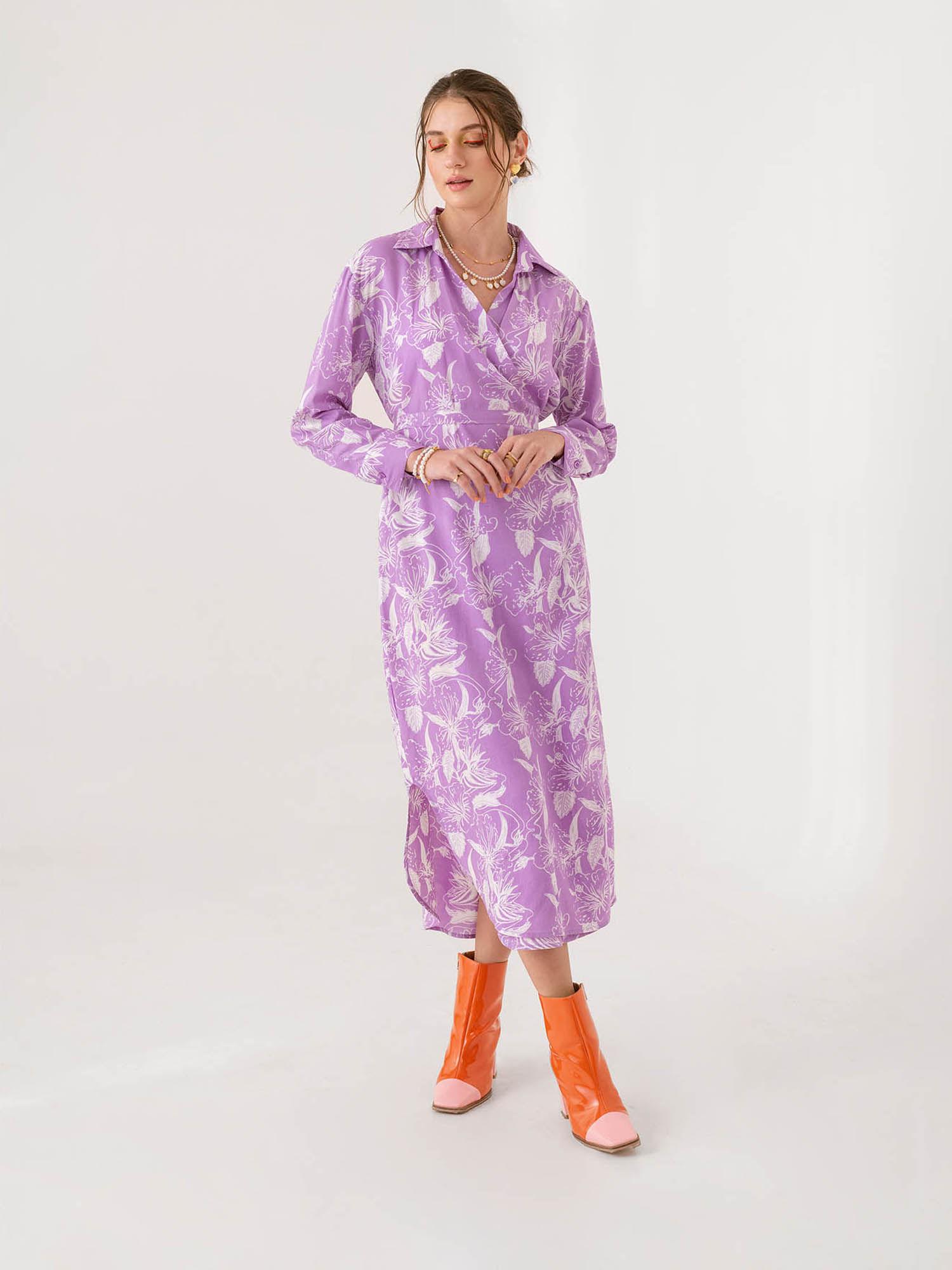 women lavender floral midi dress