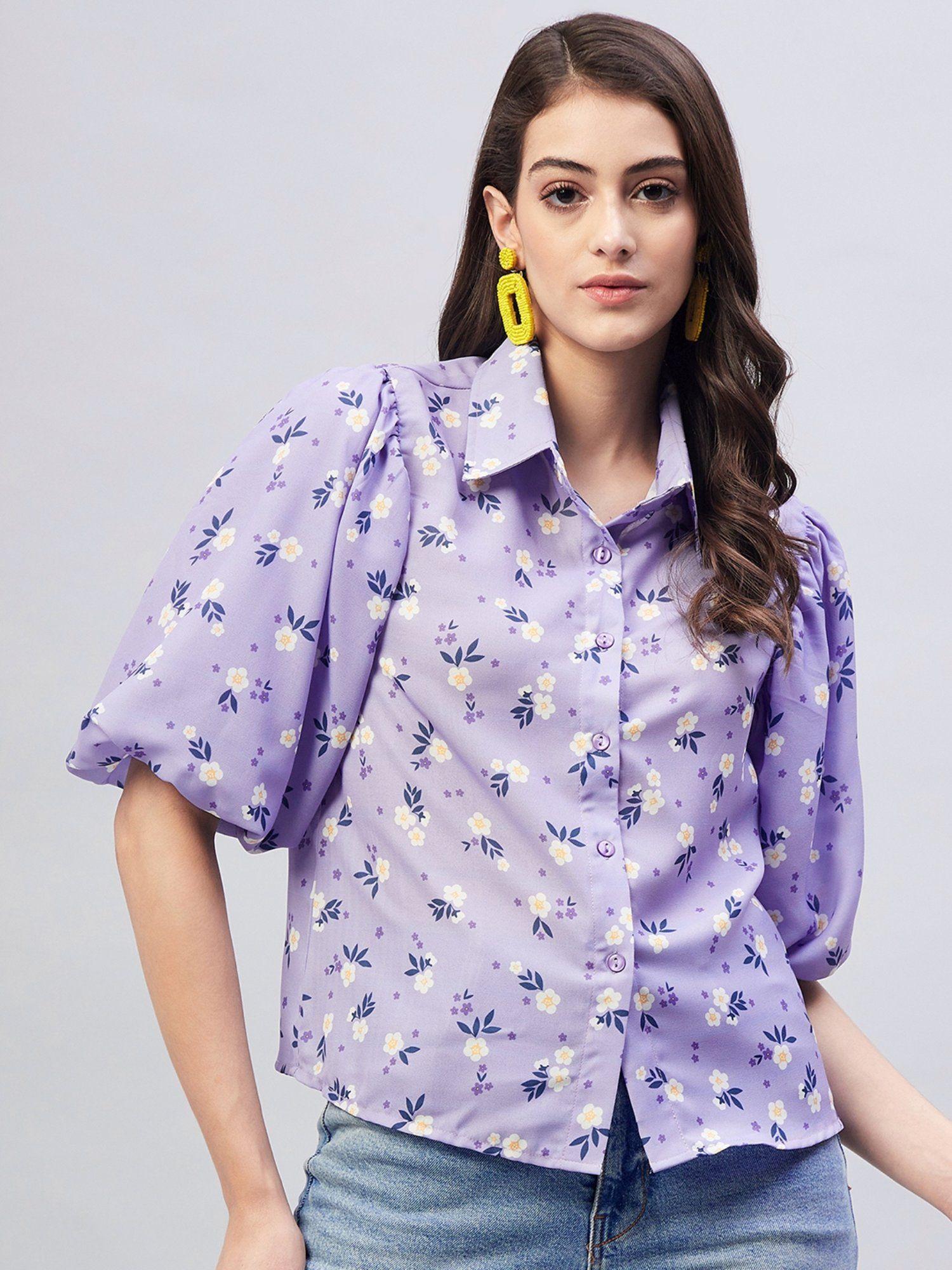 women lavender floral print crepe shirt style top