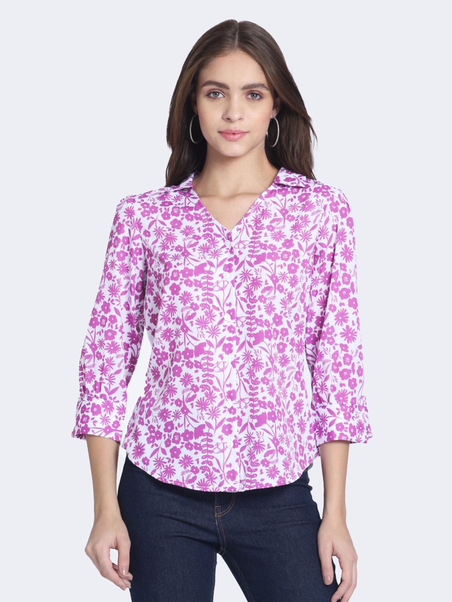 women lavender floral print three-quarter sleeves casual shirt