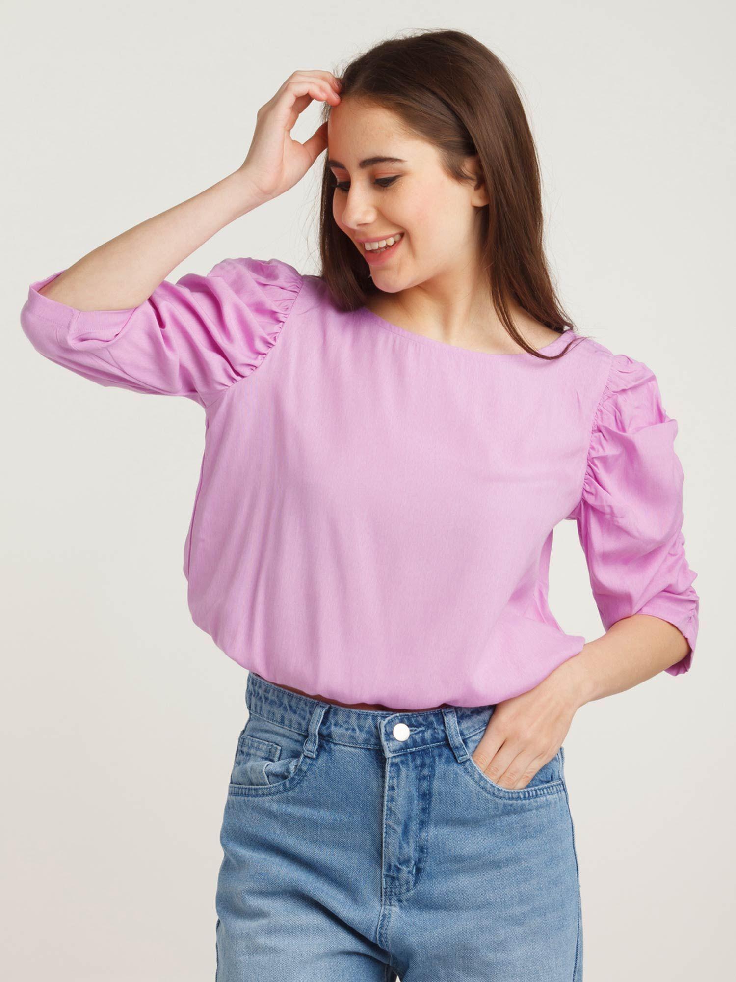 women lavender half sleeve blouson top