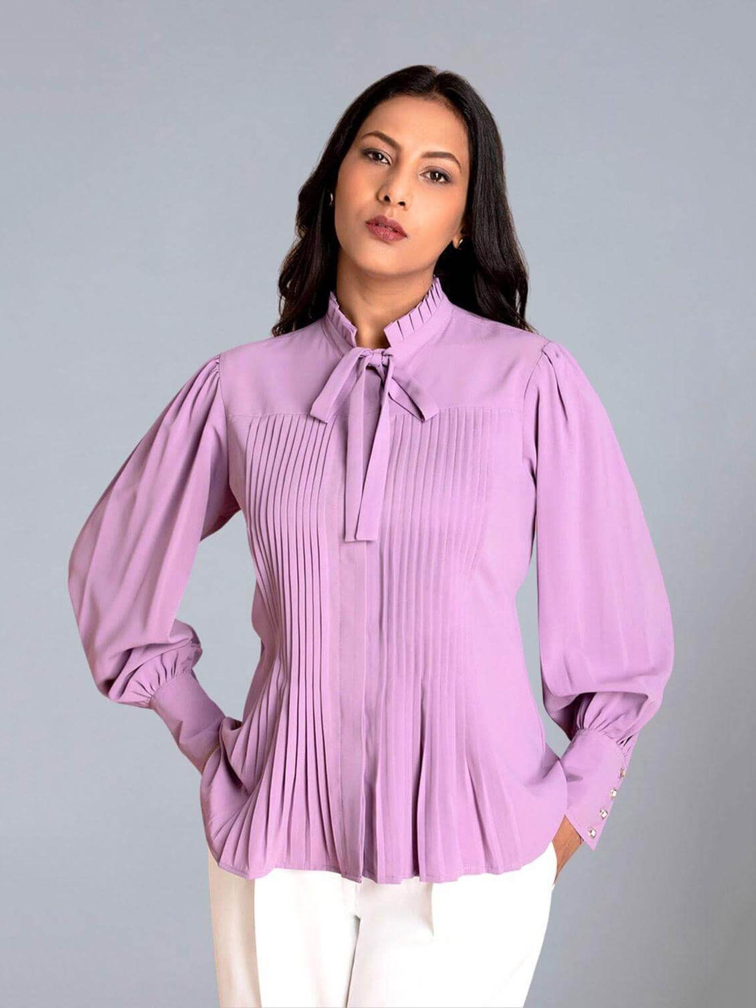 women lavender pleated neck tie up top