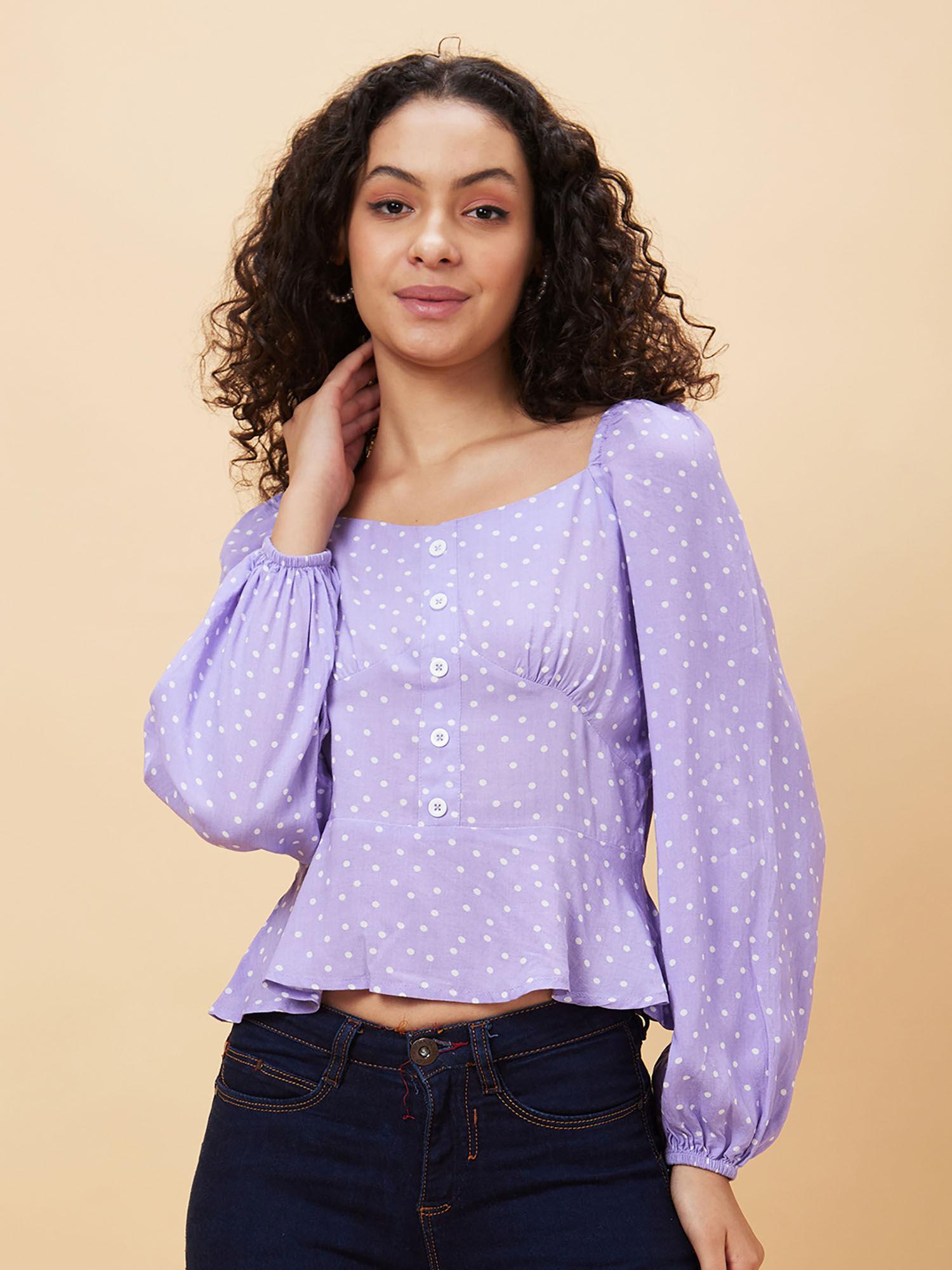 women lavender printed sweetheart neck casual top