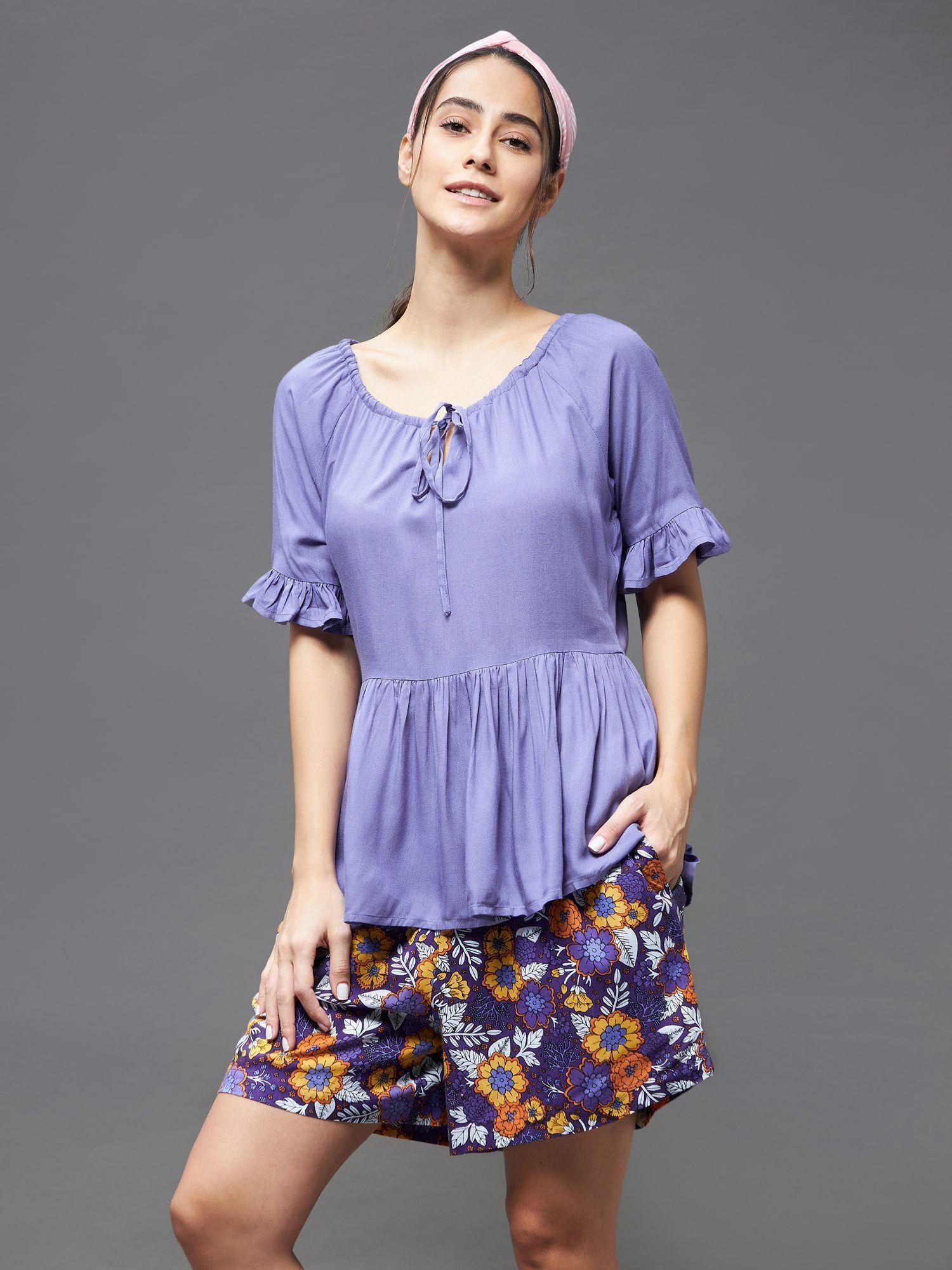 women lavender round neck short sleeve floral short top & shorts sets