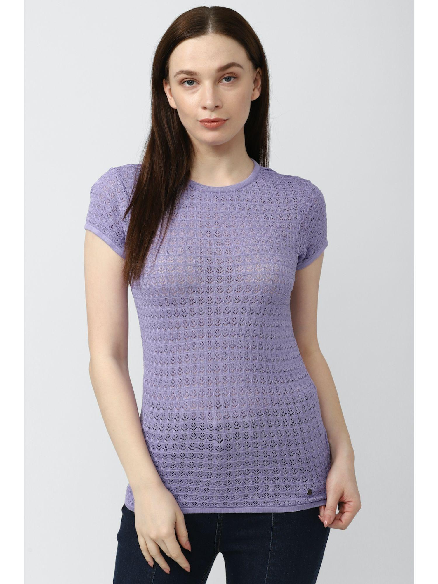 women lavender self design casual crew neck top