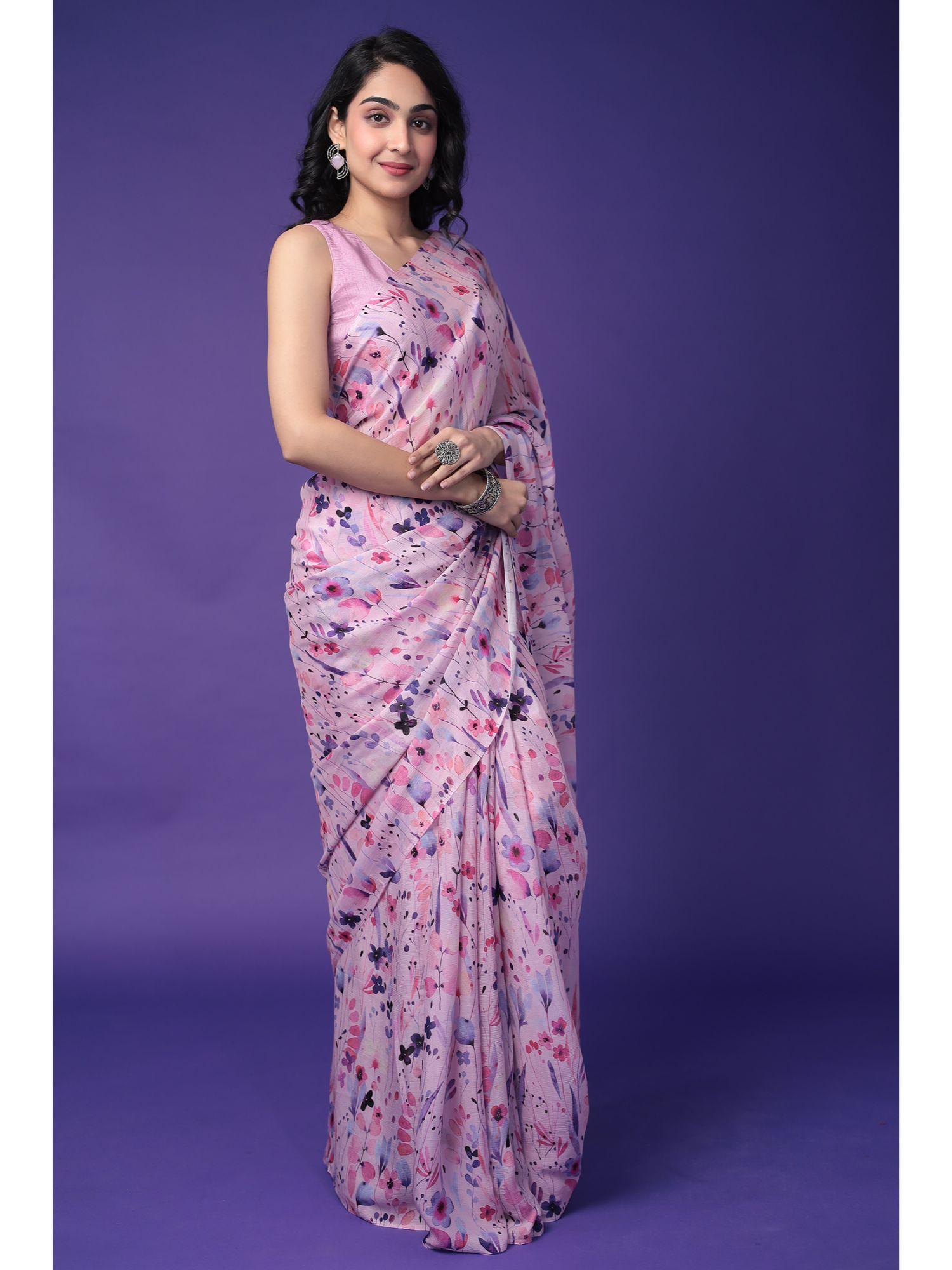 women lavender silk blend floral printed saree with unstitched blouse