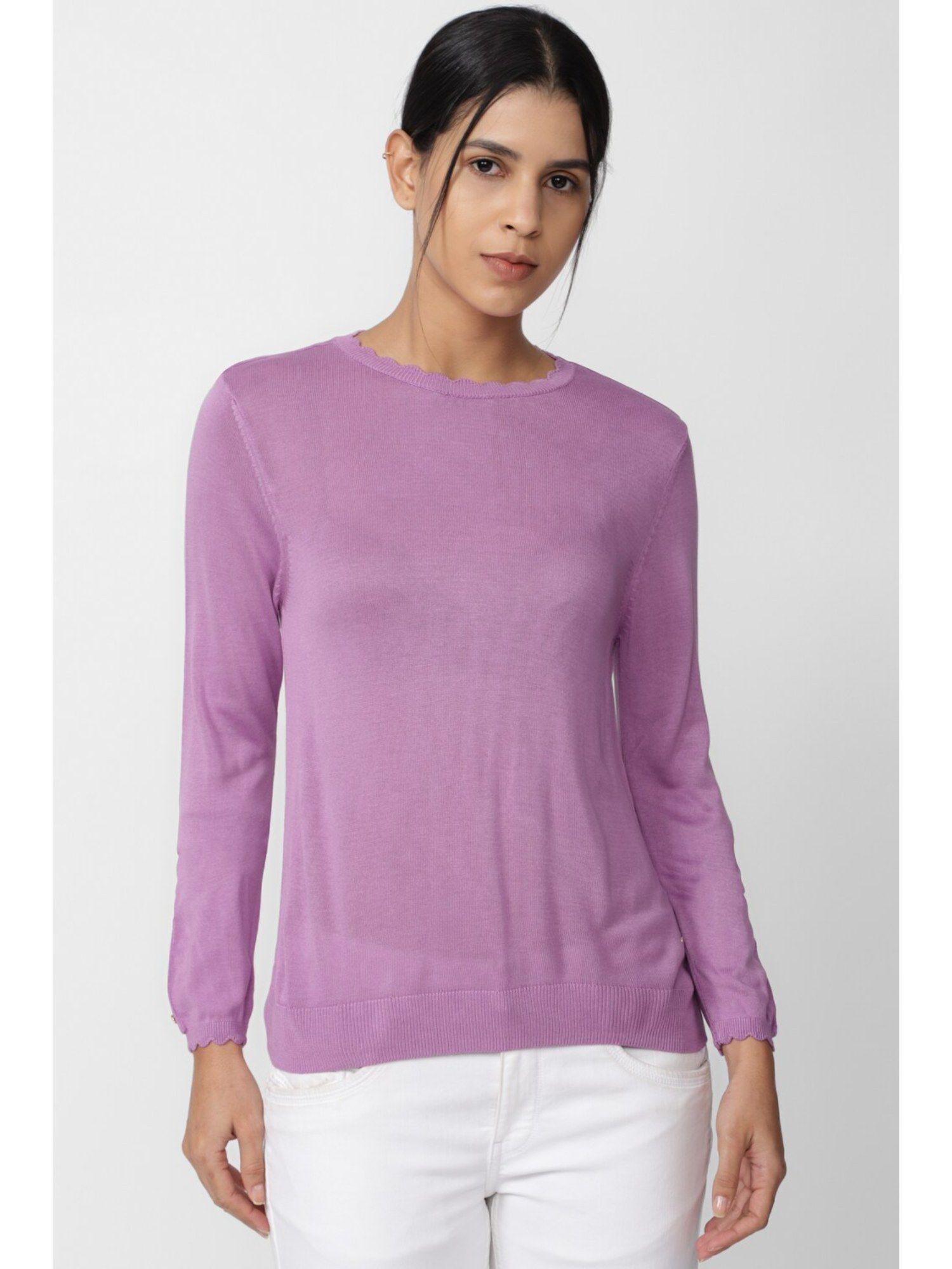 women lavender solid casual round neck t-shirts