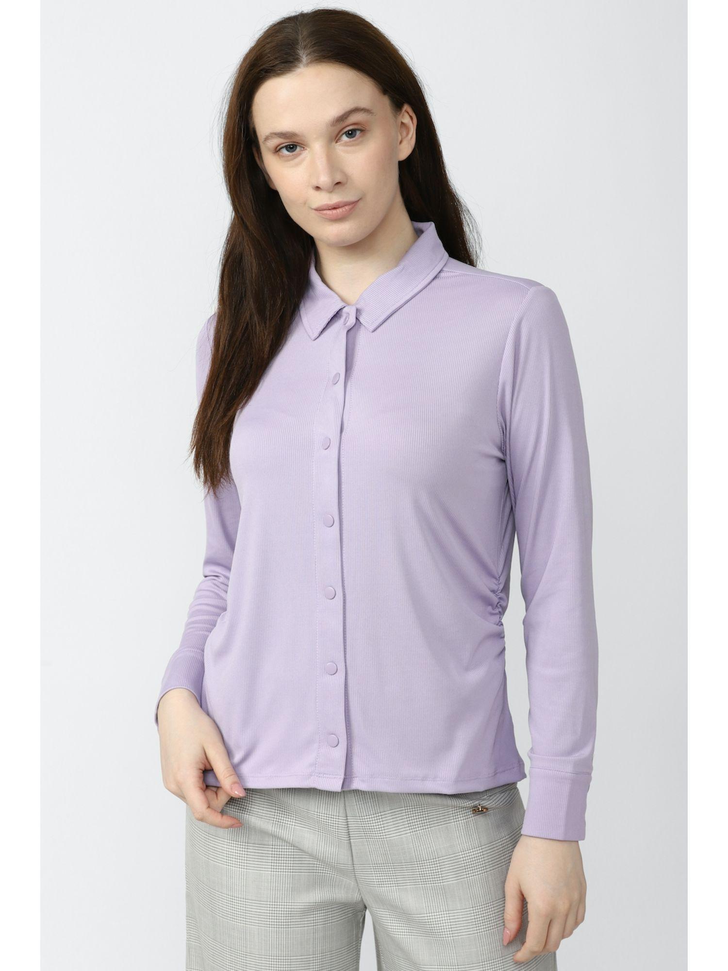 women lavender solid long sleeves casual shirt