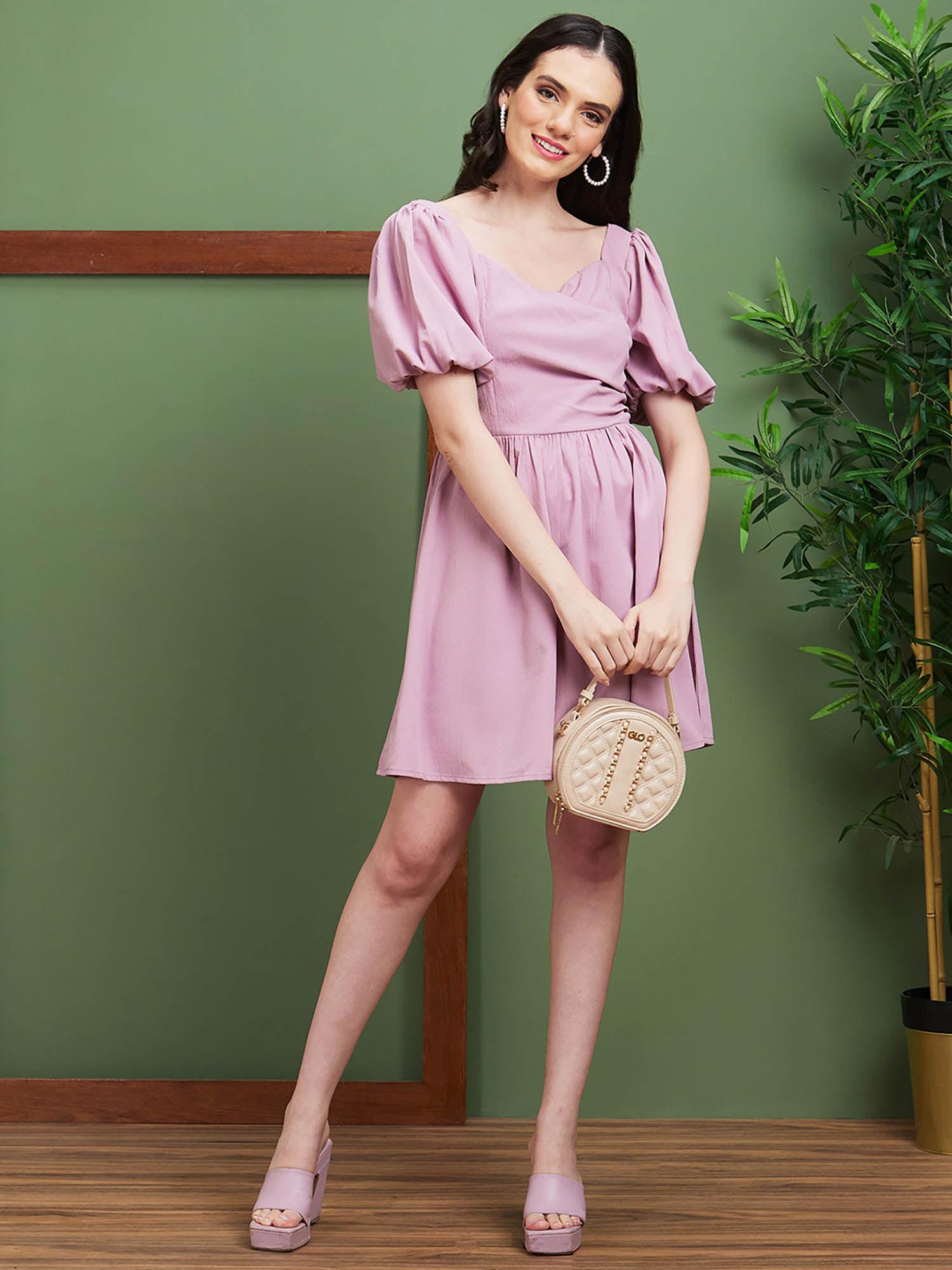 women lavender solid polyester sweetheart neck fit & flare casual dress