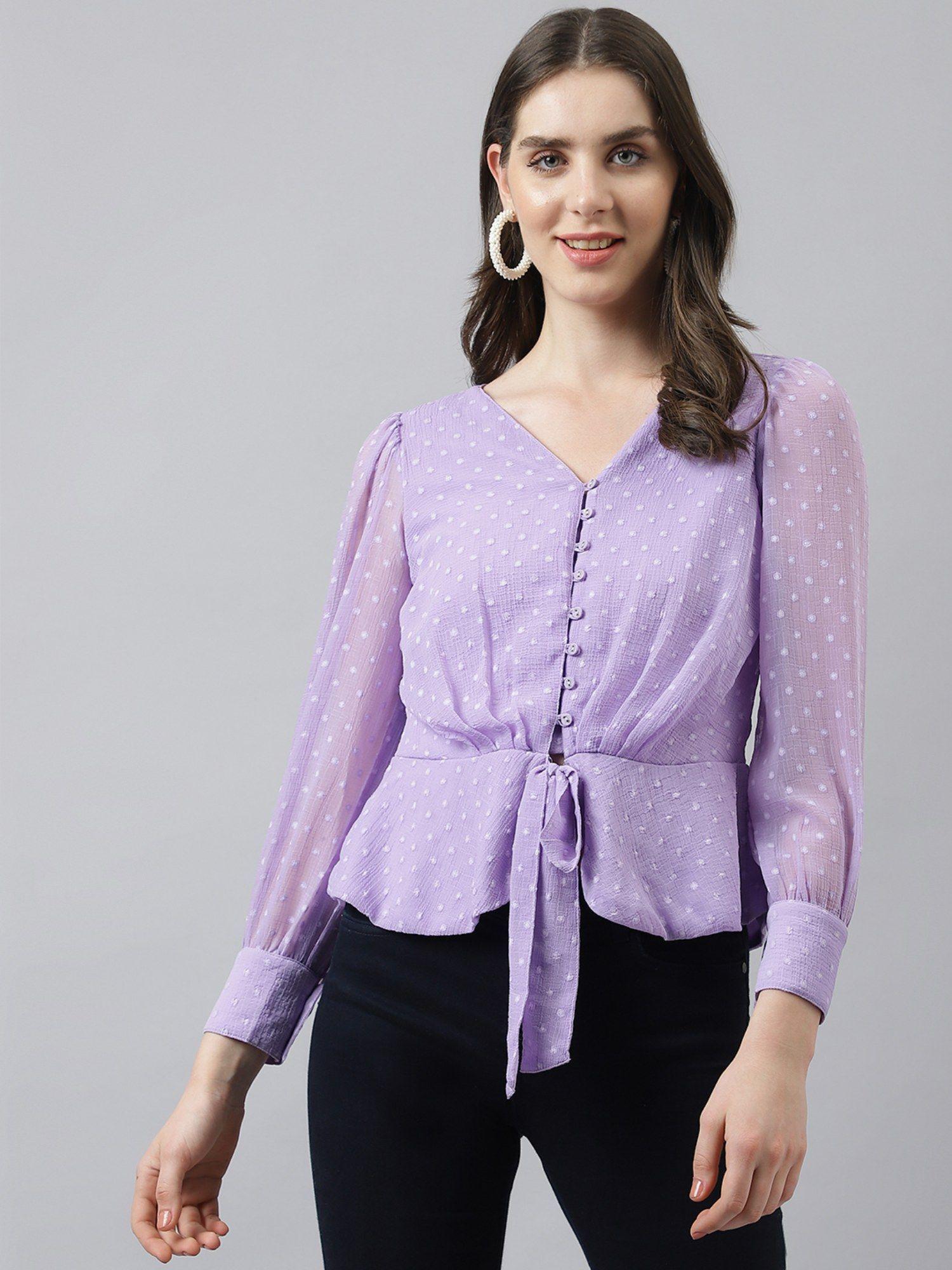 women lavender solid top with front knot (s)