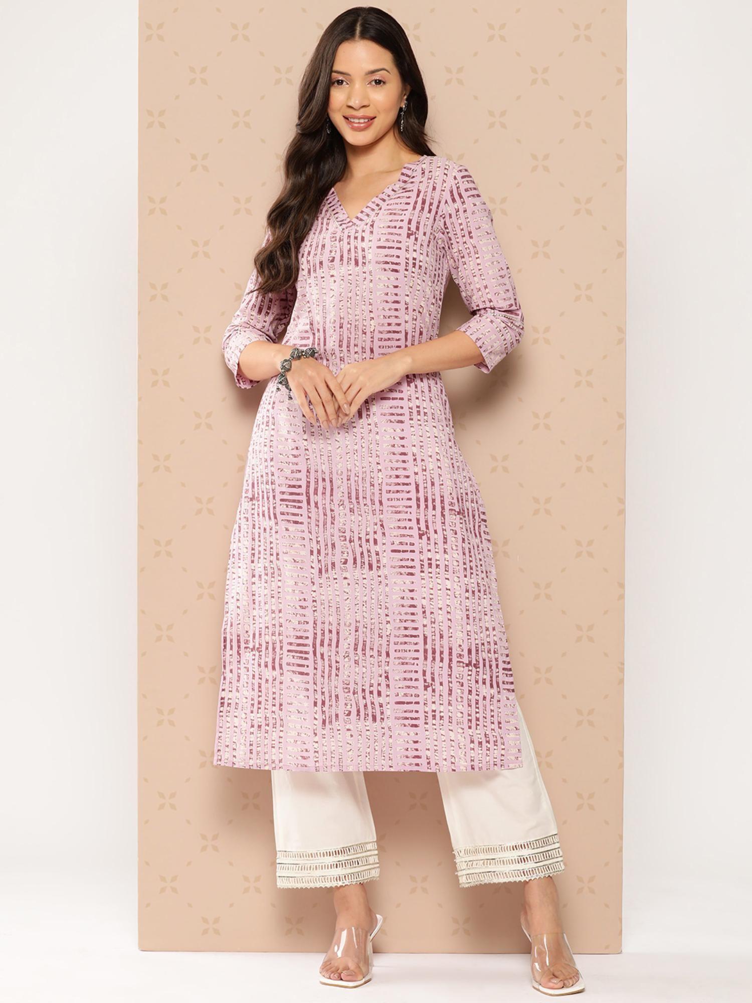 women lavender stripe printed v-neck straight kurta