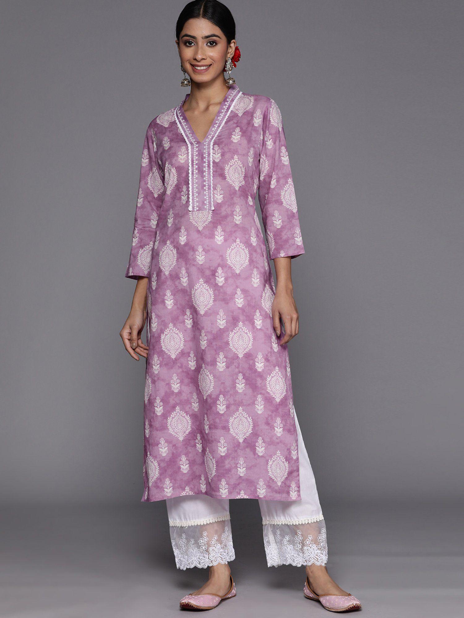 women lavender three fourth sleeve v neck collared kurta