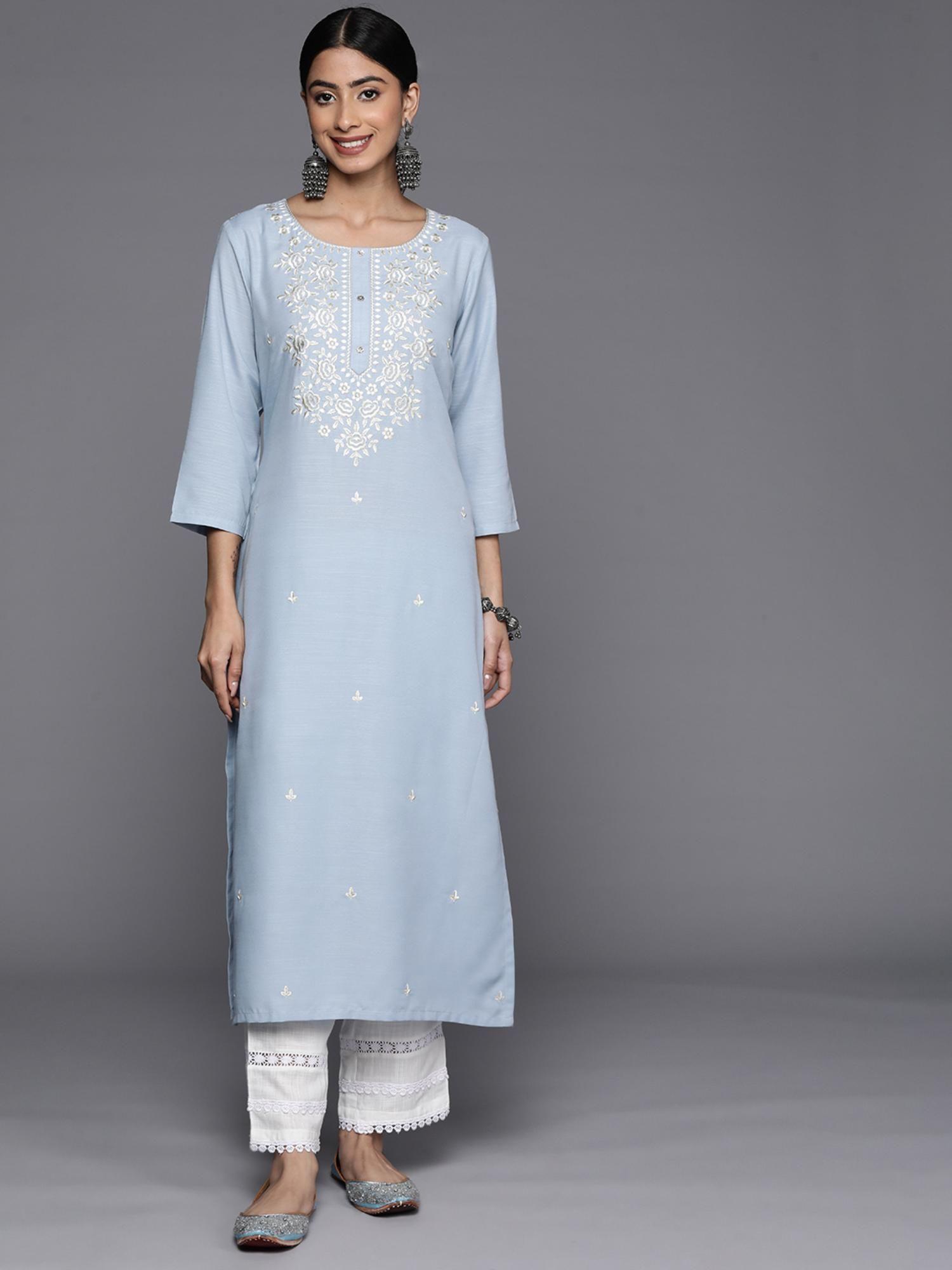 women lavender three quarter sleeve straight kurta