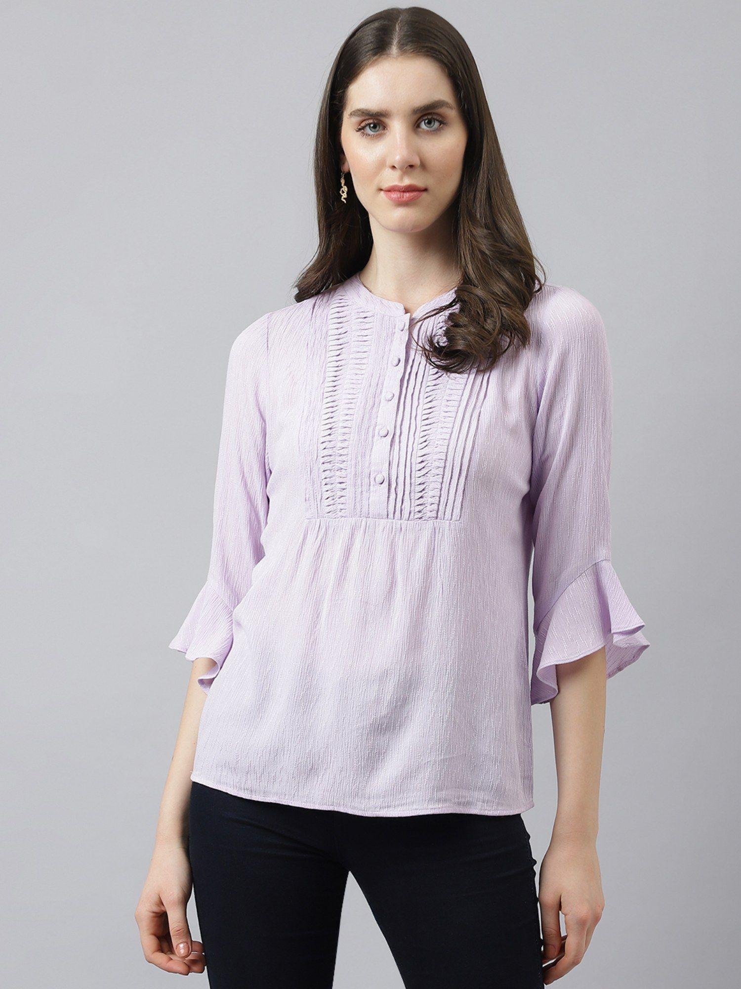 women lavender top with bell sleeves & detailed neckline