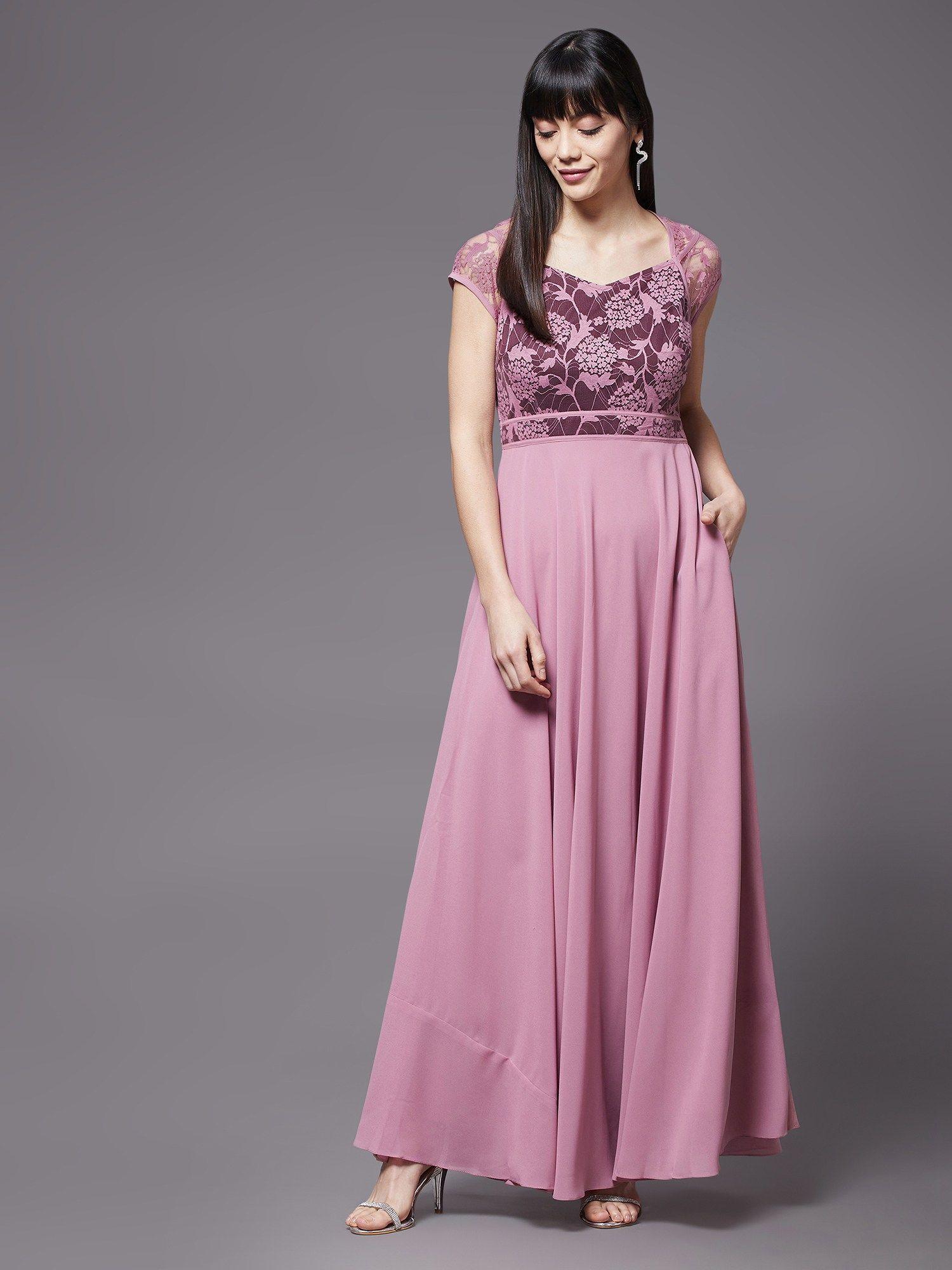 women lavender v-neck cap sleeves floral lace fit & flare maxi dress