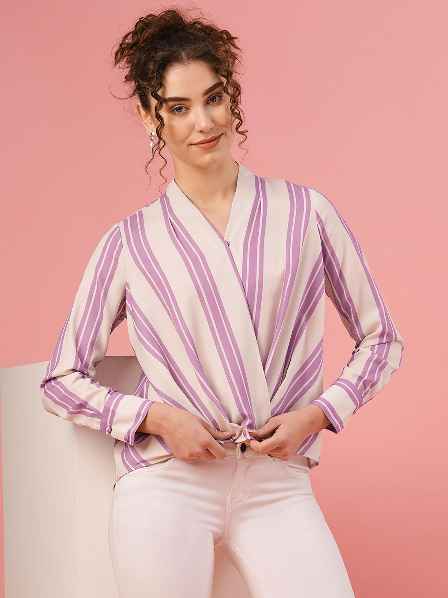 women lavender v-neck cuffed sleeves casual top