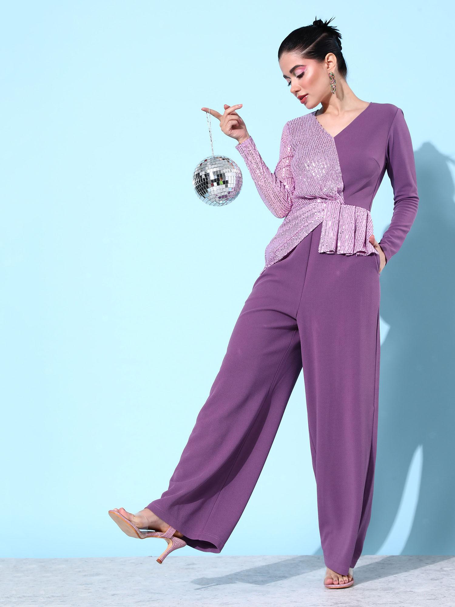 women lavender v-neck full sleeve embellish asymmetric polyester jumpsuit