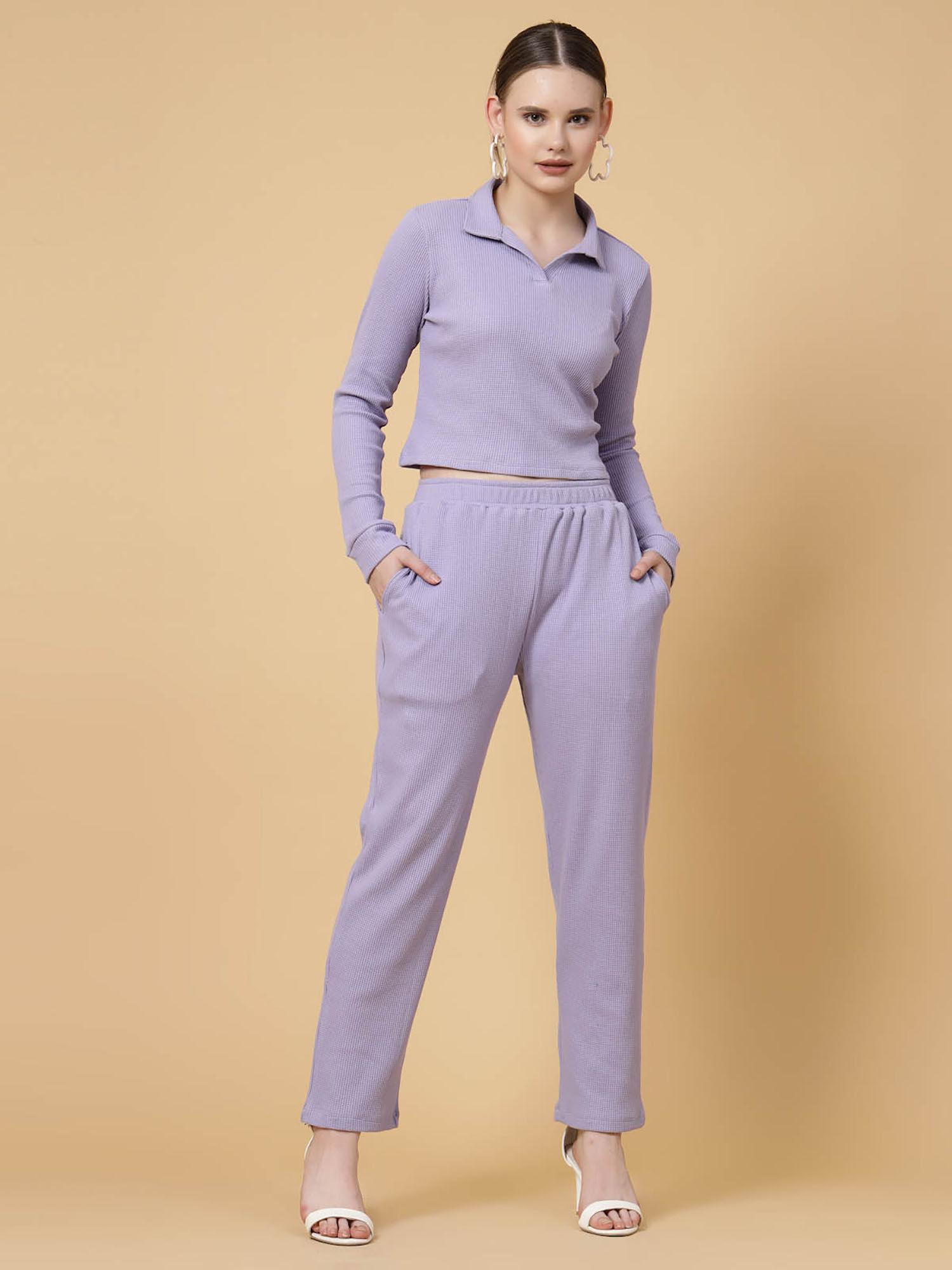 women lavender waffle solid co-ord (set of 2)