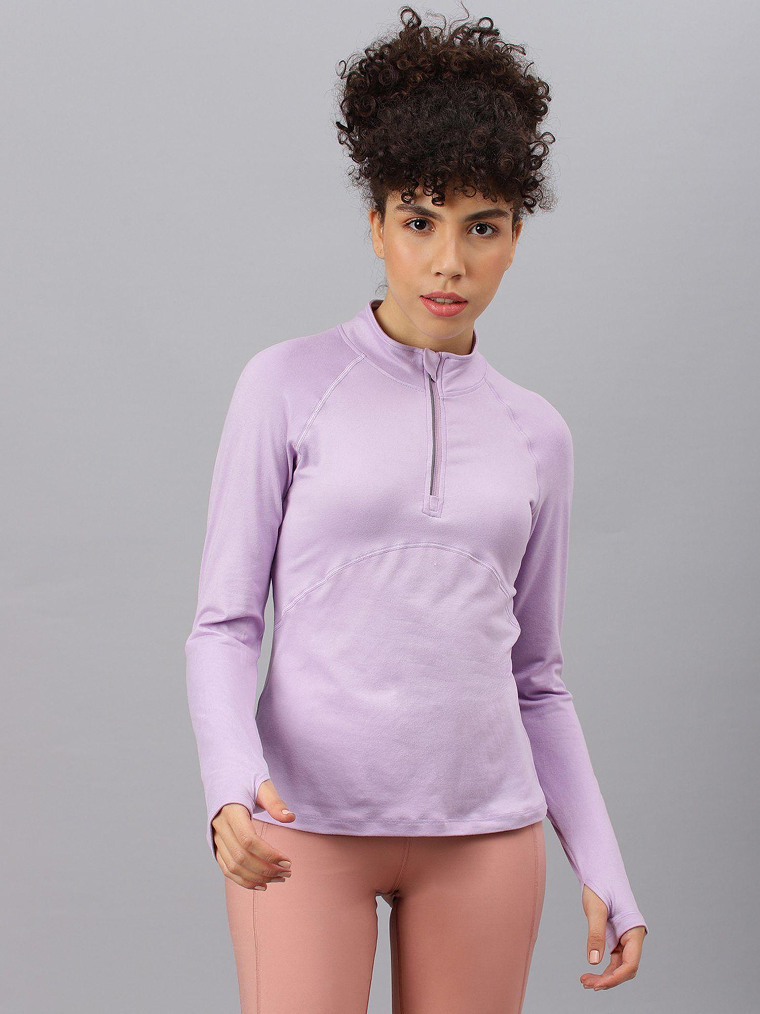 women lavender zipper high neck t-shirt