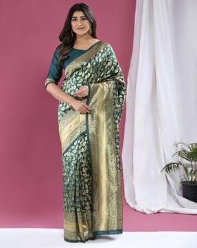 women leaf pattern saree with contrast zari border