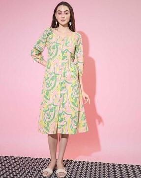 women leaf print a-line dress