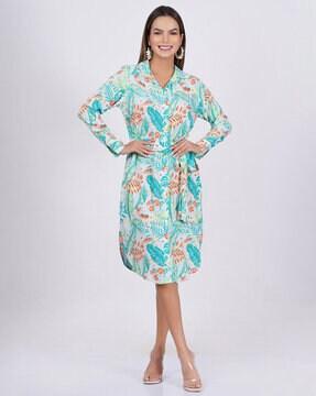 women leaf print a-line dress