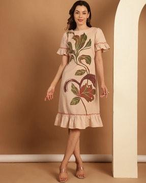 women leaf print a-line dress